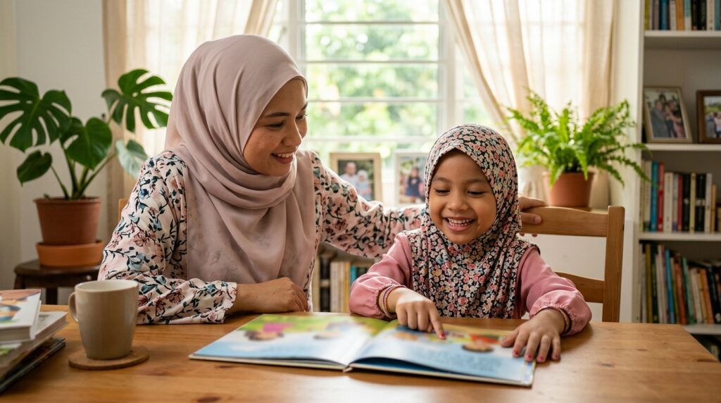 Anak yakin mencuba membaca dengan sokongan ibu dalam suasana tanpa tekanan.