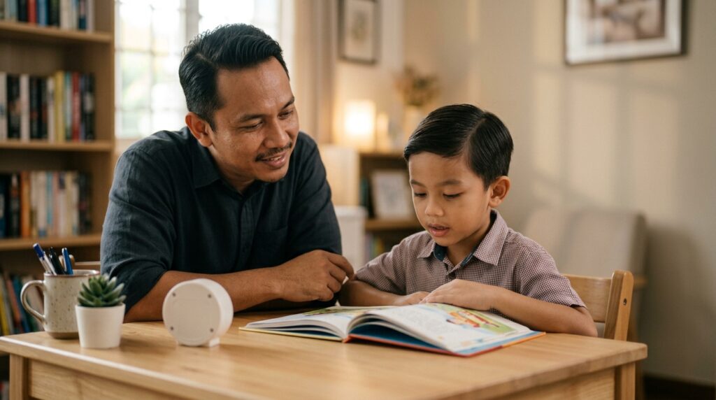 Ayah mendengar anak membaca dalam sesi semakan pembelajaran yang ringkas.