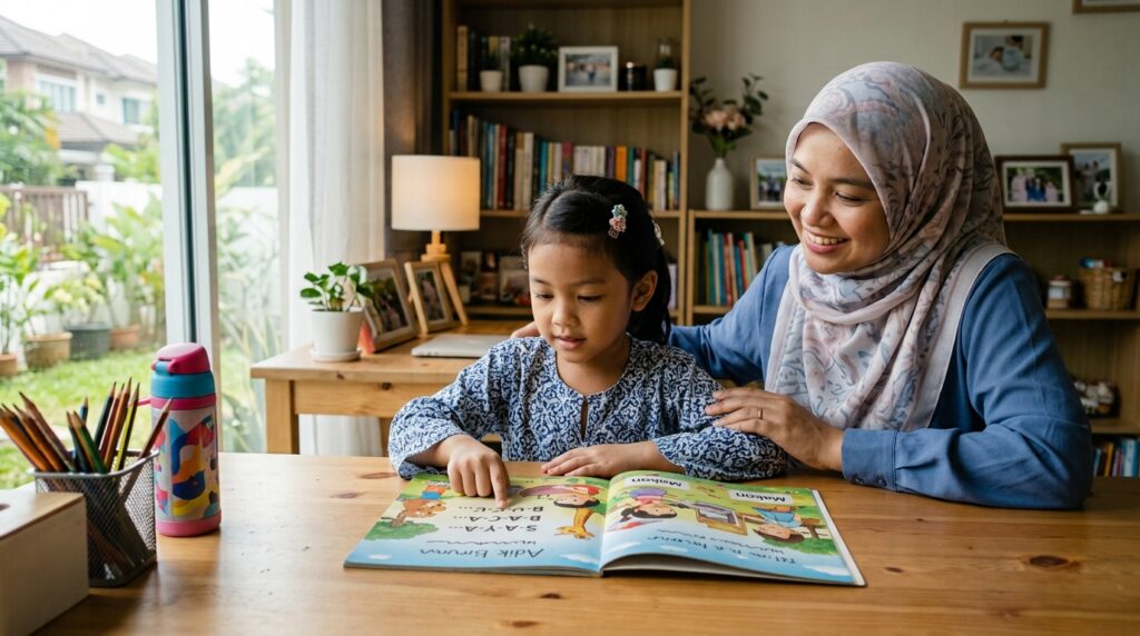 Anak Melayu membaca secara perlahan sambil meneliti setiap perkataan.