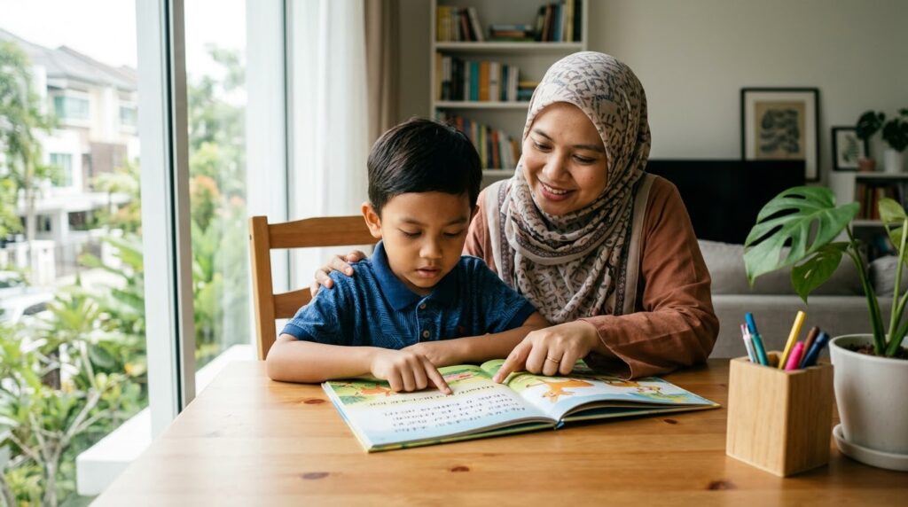 Anak Melayu menggunakan jari untuk mengikuti baris ketika membaca buku.
