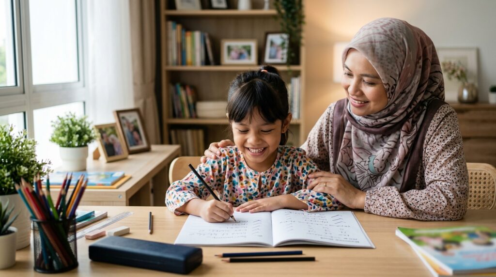 Anak Melayu berjaya memahami arahan bertulis dengan bimbingan ibu.