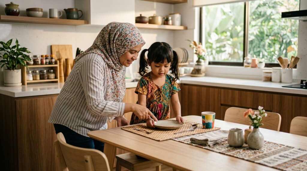 Anak Melayu mengikuti arahan ibu ketika membantu menyediakan meja makan.