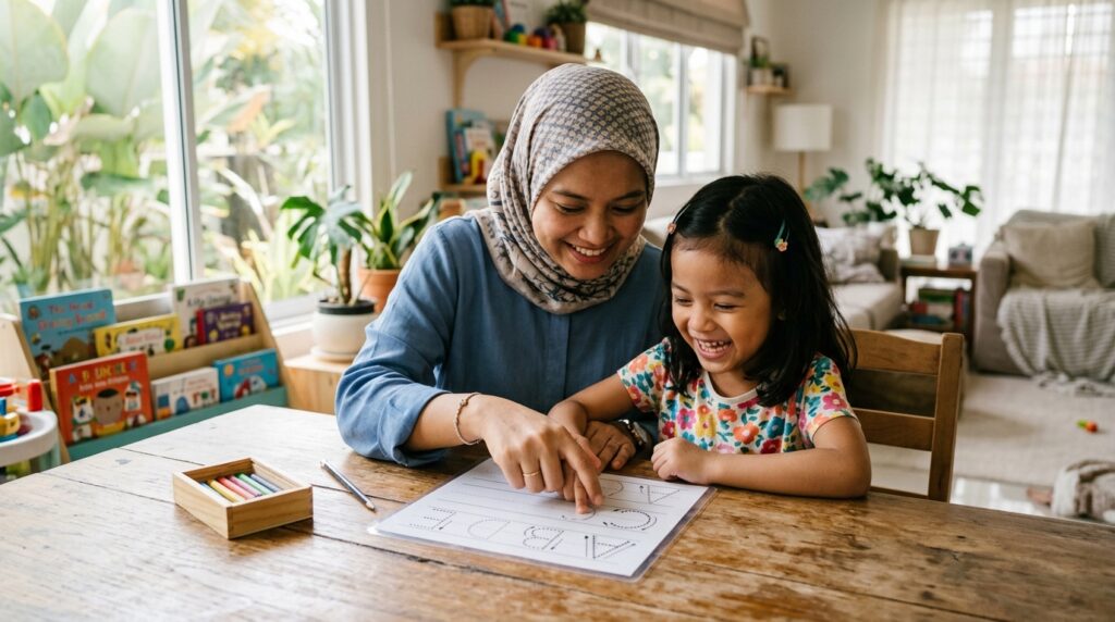 Ibu dan anak Melayu membentuk huruf menggunakan jari di atas meja.