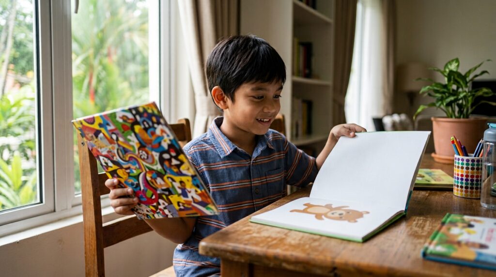 Anak membandingkan buku dengan halaman padat dan buku bergambar yang lebih mudah dibaca.