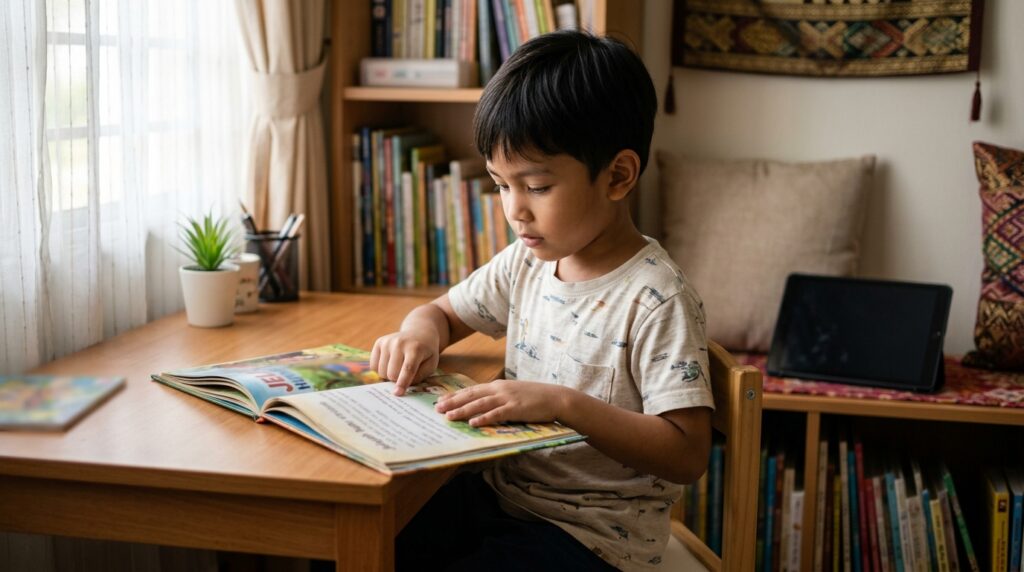 Anak Melayu memberi perhatian kepada buku fizikal tanpa gangguan skrin.