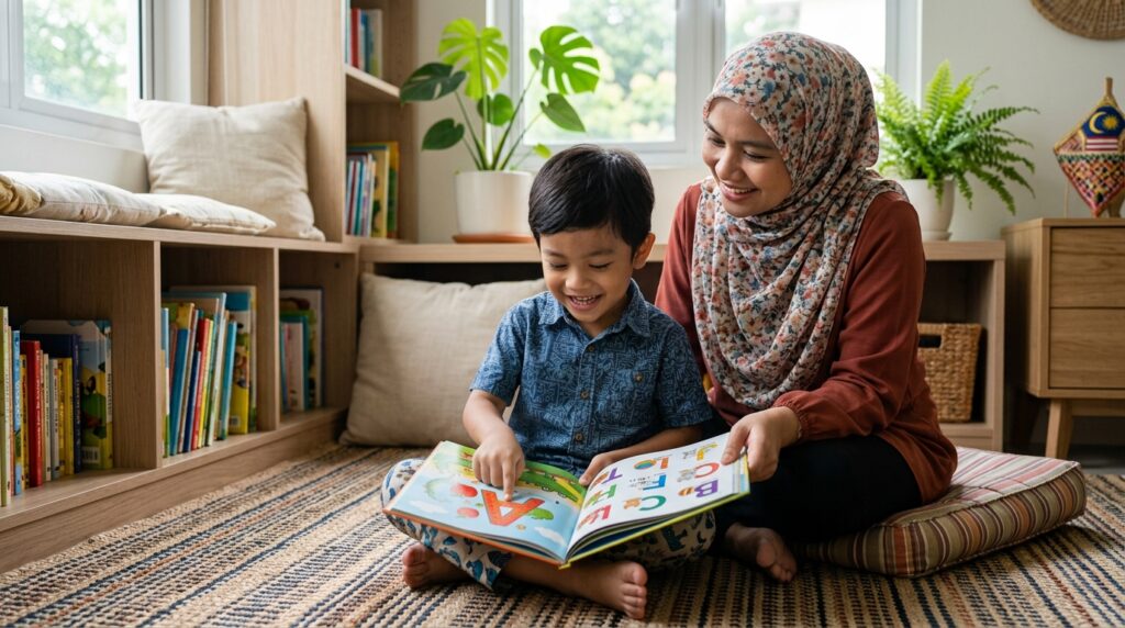 Anak Melayu mencari huruf di dalam buku cerita bersama ibu.