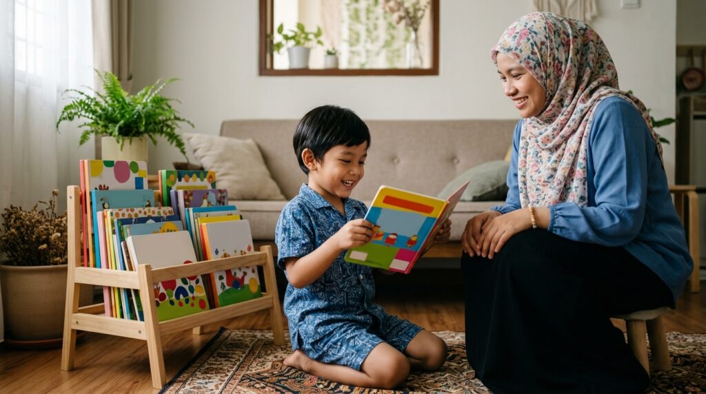 Anak menunjukkan minat membaca dengan memilih buku sendiri di rumah.