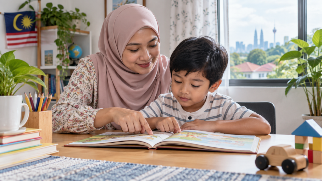 Ibu membantu anak membaca perkataan secara perlahan.