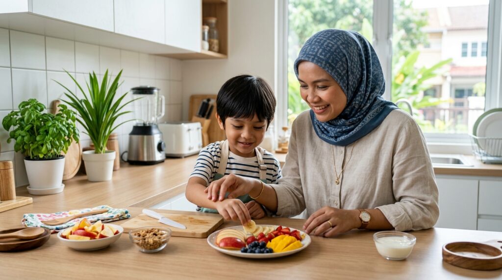 Anak Melayu mengikuti arahan ibu ketika menyediakan snek ringkas di dapur.