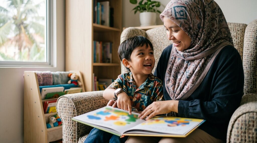 Anak Melayu menerangkan gambar dalam buku sambil belajar menghubungkan bahasa lisan dengan bacaan.
