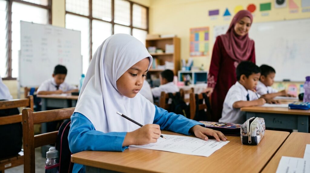 Anak membaca arahan bertulis untuk memahami aktiviti pembelajaran di dalam kelas.