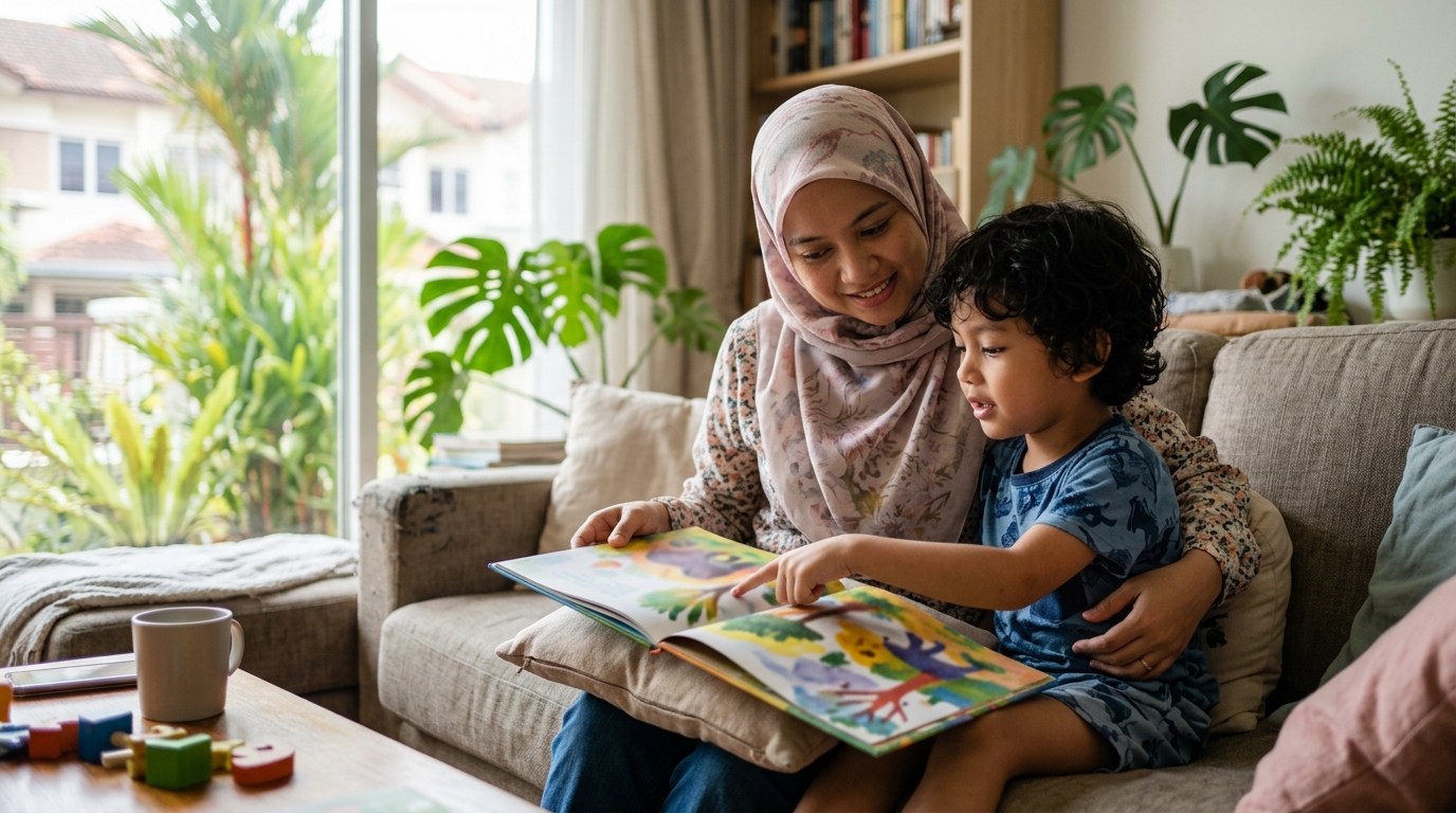 Ibu membantu anak membina kemahiran membaca sejak kecil melalui aktiviti buku bersama.