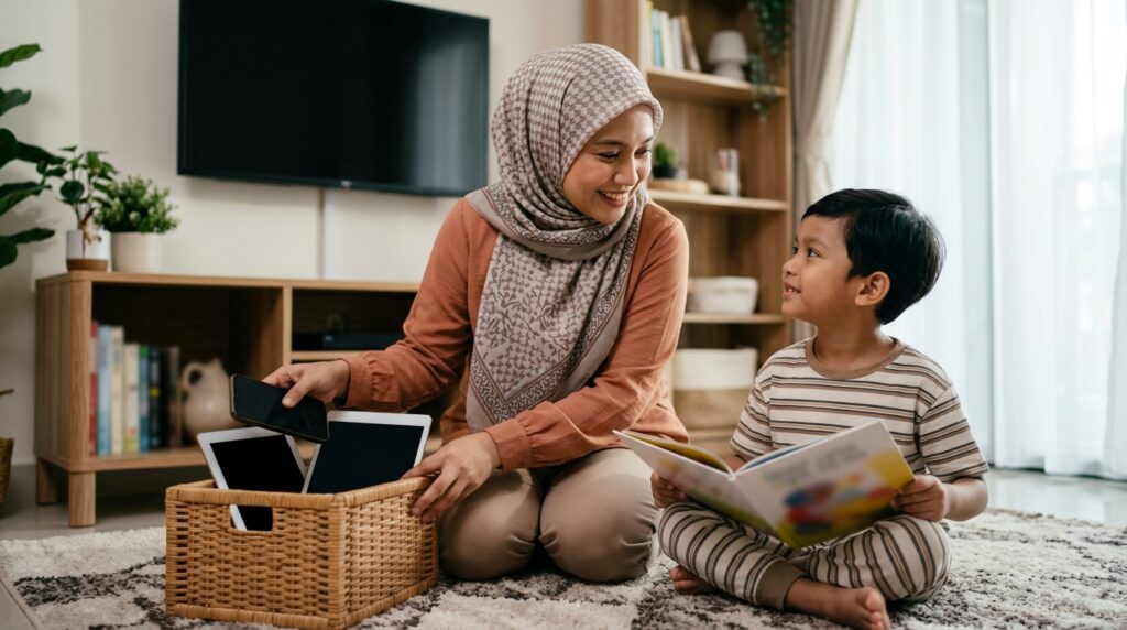 Ibu menjauhkan telefon dan tablet sebelum membaca bersama anak.