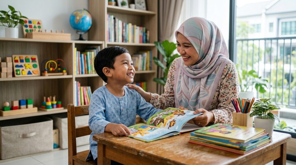 Latihan-Konsis…k-Membaca.jpeg 775 KB · Alt Text Ibu memberi galakan kepada anak Melayu yang sedang membaca dengan yakin.