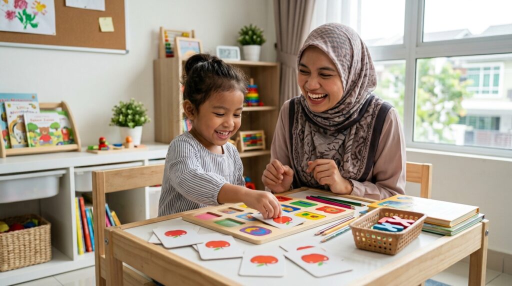 Anak Melayu berjaya mengenal huruf dengan bimbingan ibu di rumah.