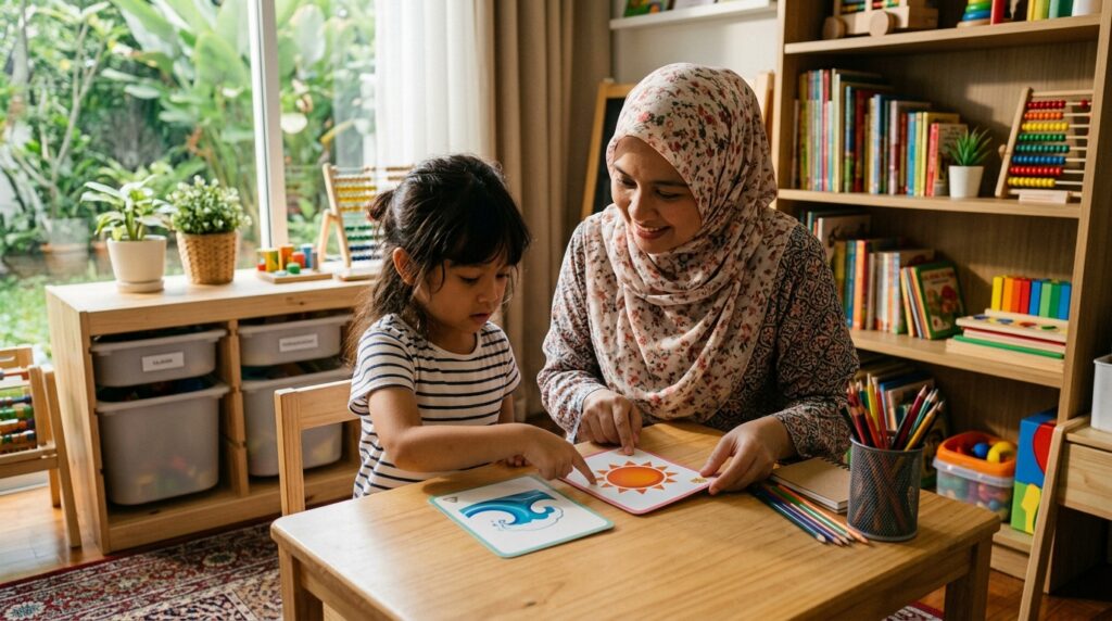 Ibu membantu anak Melayu membandingkan bentuk huruf menggunakan kad pembelajaran.