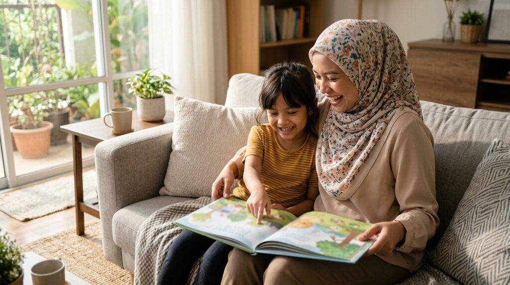 Ibu bapa membaca bersama anak dalam suasana santai di luar waktu belajar.