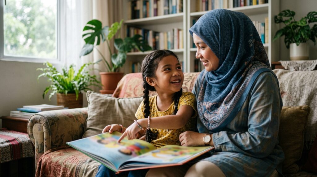 Anak Melayu membaca buku sambil berbual dan menjawab soalan bersama ibu bapa.
