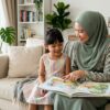 Ibu membaca bersama anak selama 10 minit dalam suasana santai di rumah.