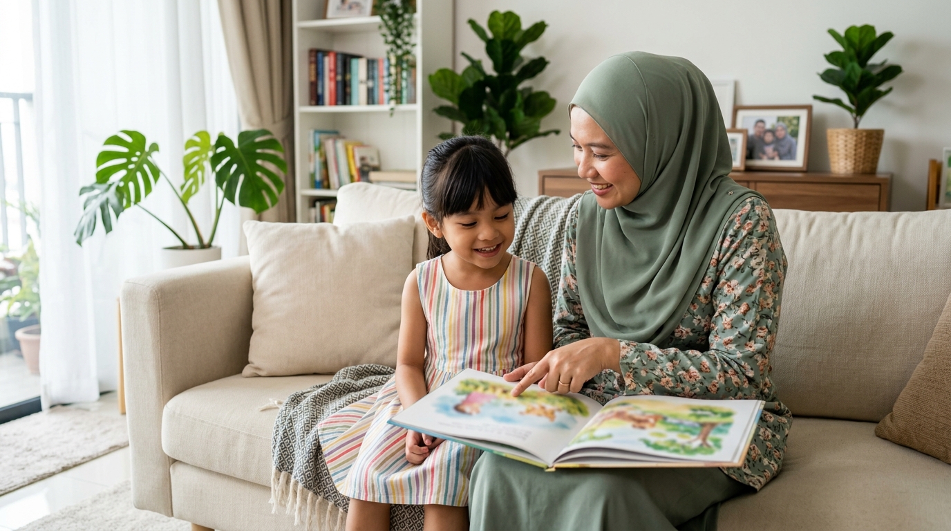 Ibu membaca bersama anak selama 10 minit dalam suasana santai di rumah.