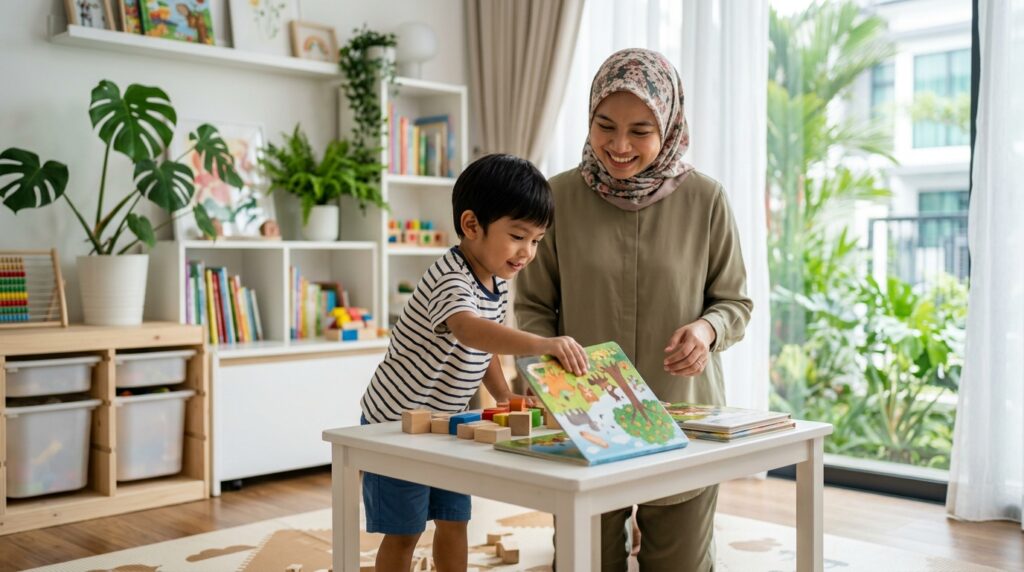 Anak Melayu mengikuti satu arahan mudah daripada ibu di rumah.
