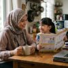 Ibu menyemak pembelajaran anak secara ringkas di rumah walaupun sibuk.