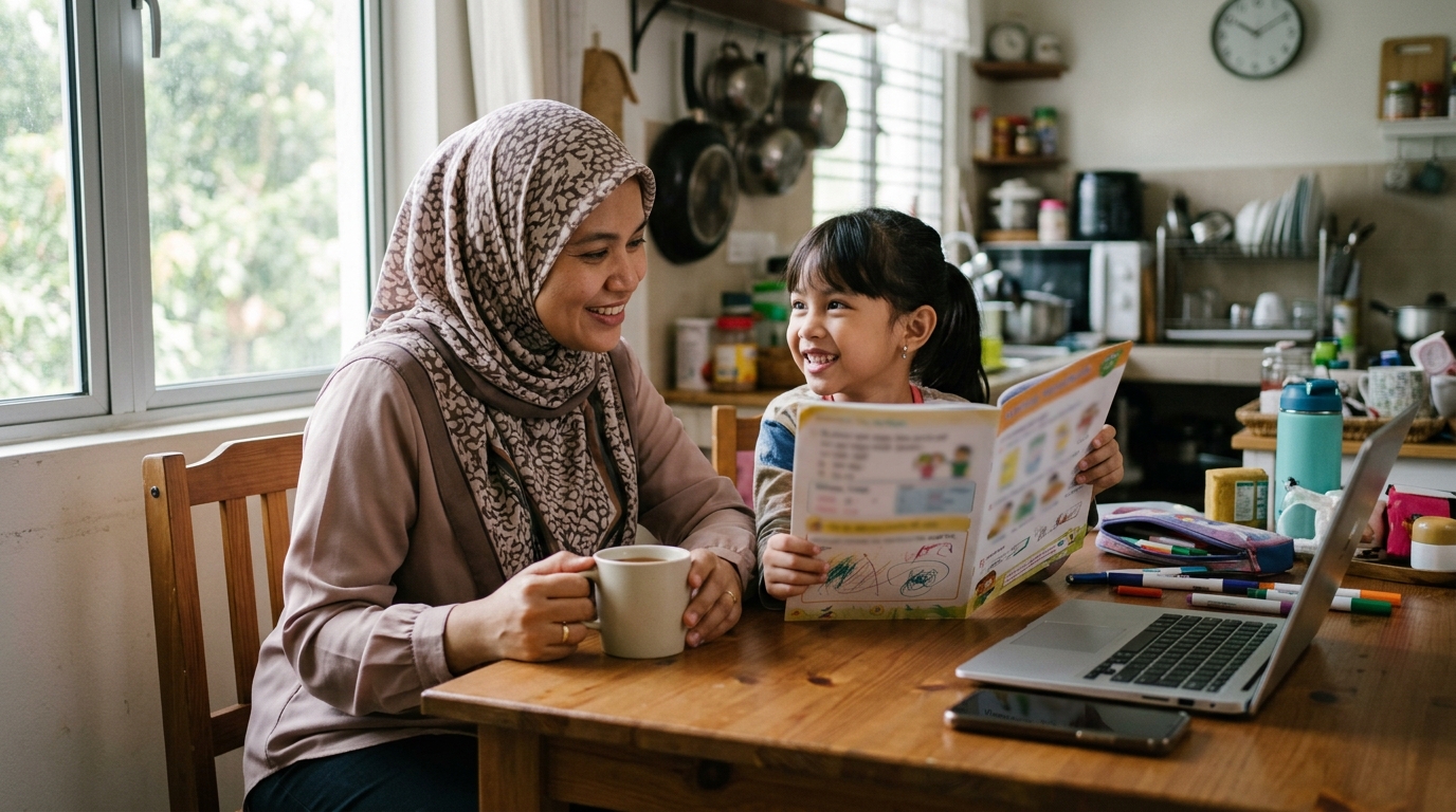 Ibu menyemak pembelajaran anak secara ringkas di rumah walaupun sibuk.