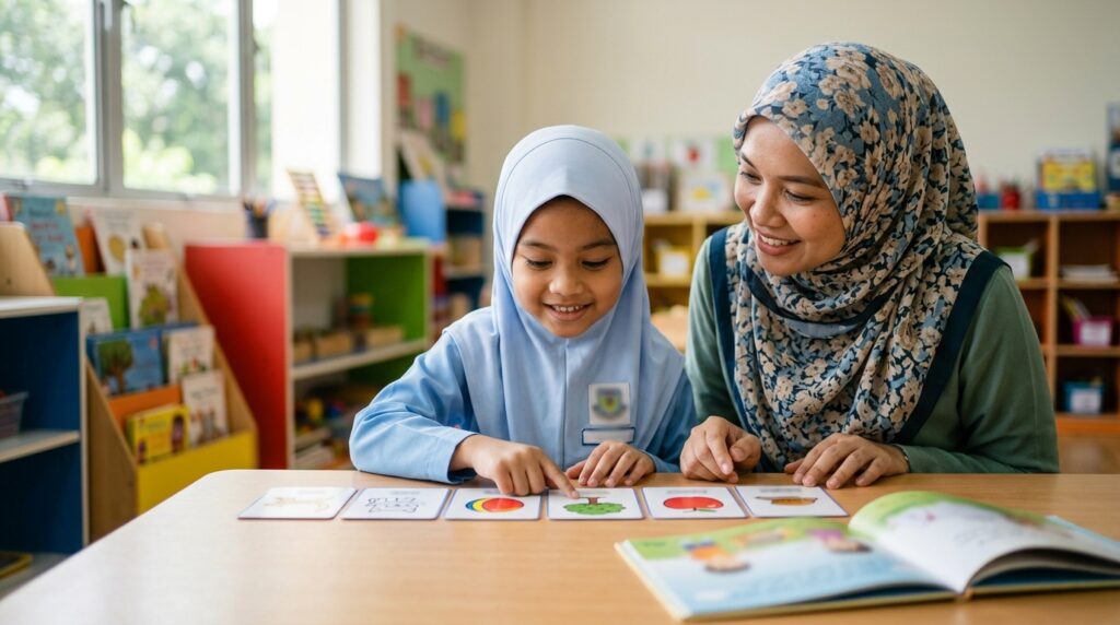 Anak mengulang bacaan secara konsisten untuk mengukuhkan ingatan terhadap perkataan.