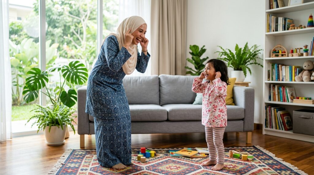 Ibu dan anak Melayu bermain Simon Says untuk melatih kemahiran mengikuti arahan.