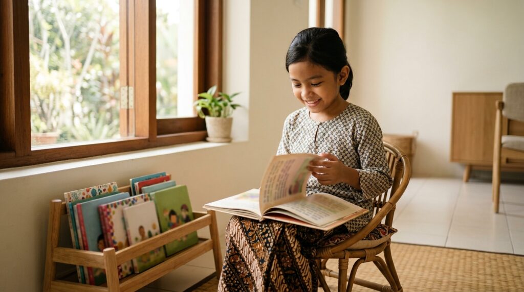 Anak membaca dengan tenang dalam ruang yang kemas dan kurang gangguan.