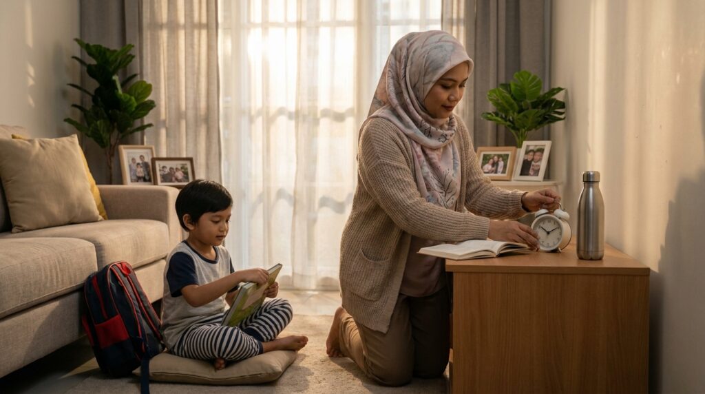 Ibu membantu anak membina rutin harian yang teratur sebelum kembali belajar.