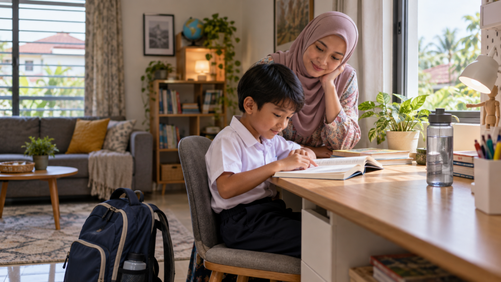 Anak membaca dengan tenang selepas pulang dari sekolah.