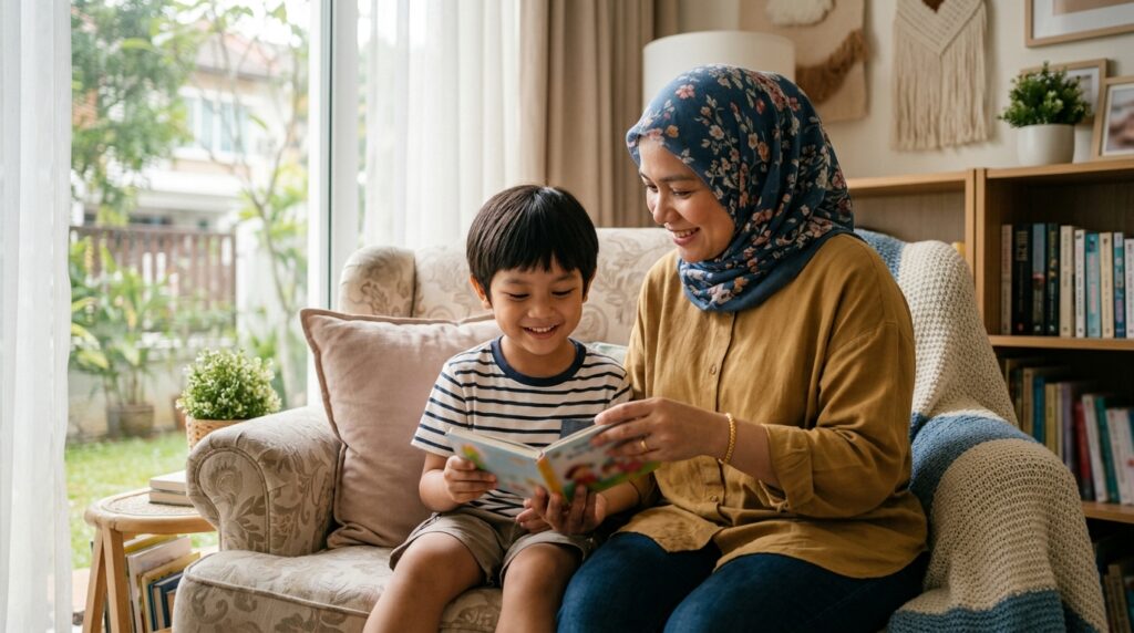 Anak menikmati sesi membaca pendek bersama ibu dalam suasana santai.