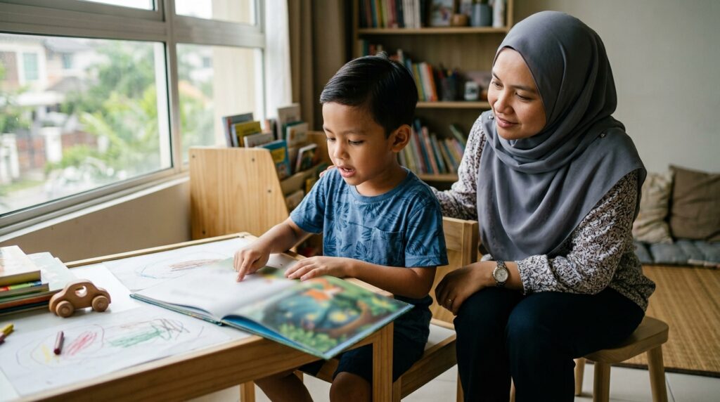 Anak Melayu cuba membaca buku baharu dengan bimbingan ibu bapa.