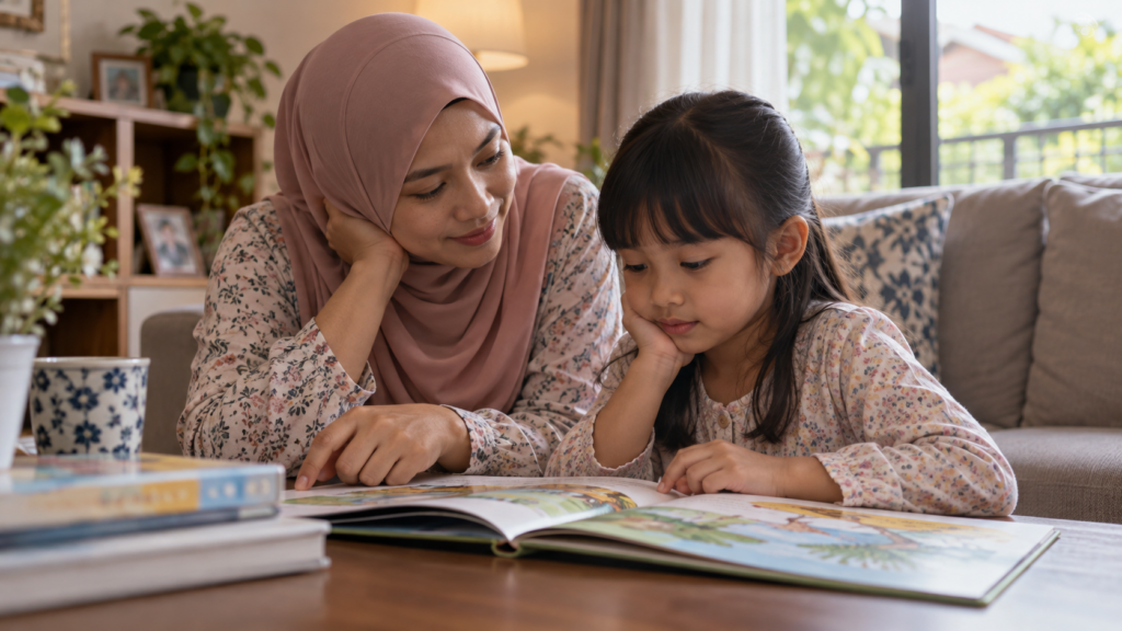 Ibu memberi sokongan ketika anak cuba membaca semula.