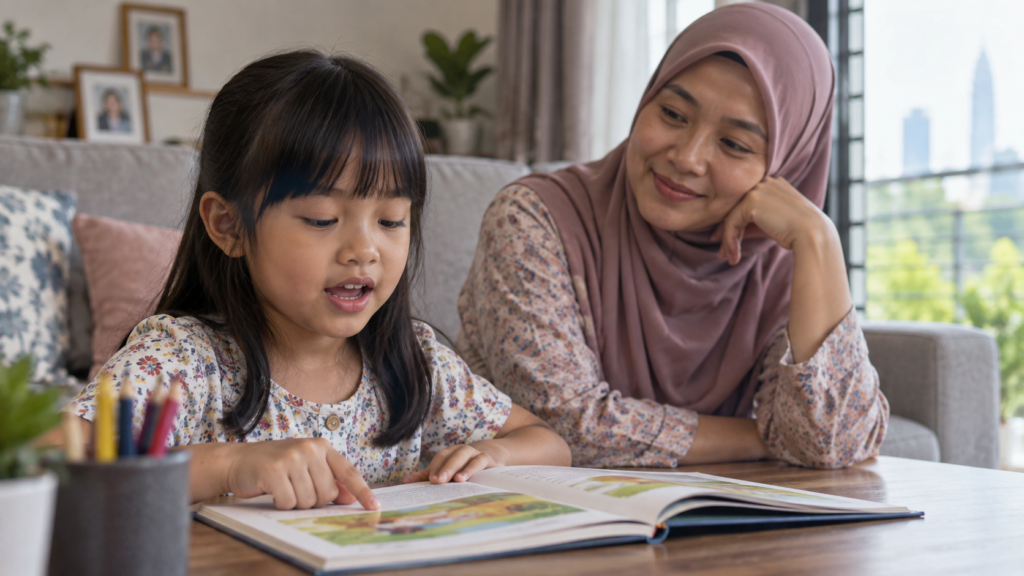 Ibu menemani anak membaca satu ayat dengan sendiri.