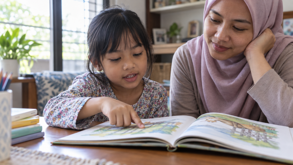 Anak memilih petikan pendek untuk sesi membaca bersama ibu.