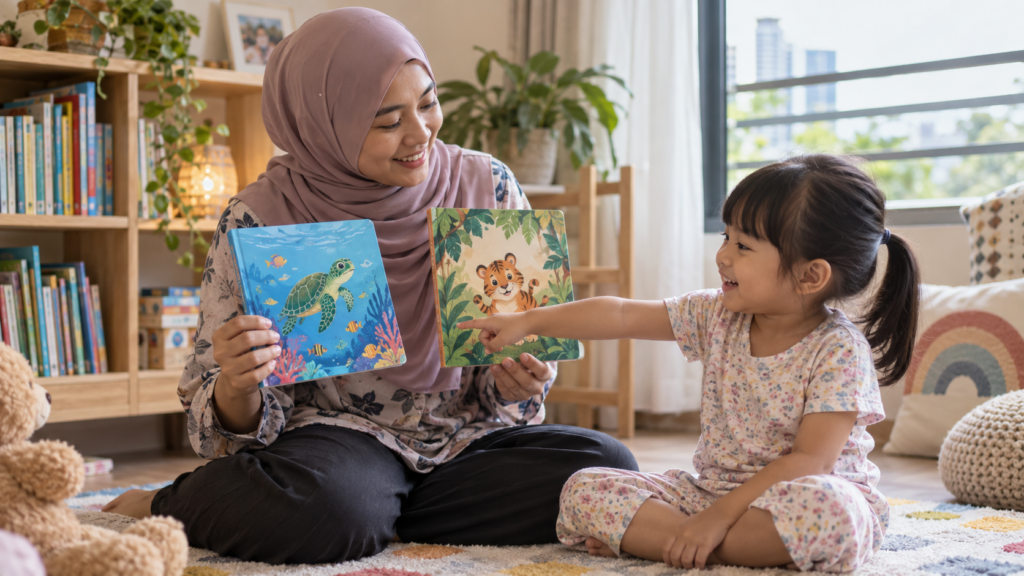 Anak memilih buku yang ingin dibaca bersama ibu bapa.