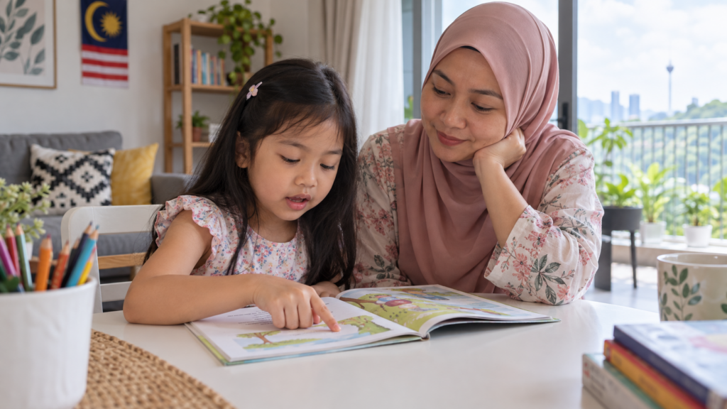 Anak menunjuk watak dalam gambar buku cerita.