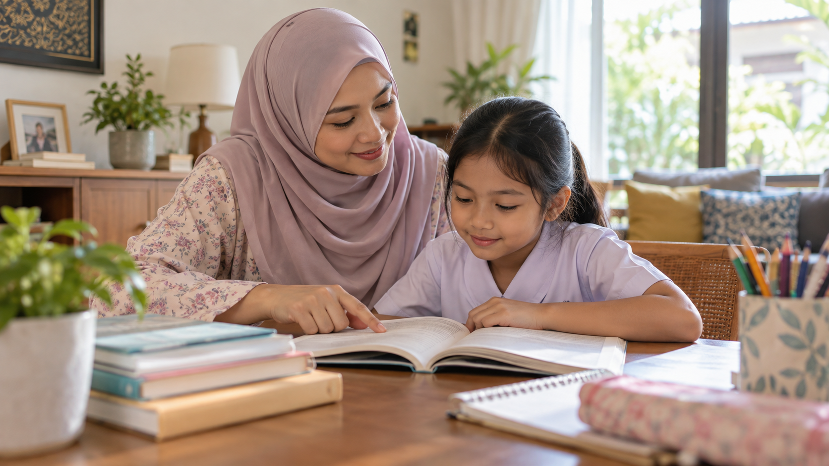 Ibu menemani anak membaca bahan ulang kaji di rumah.