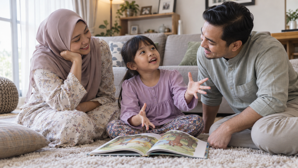 Keluarga berbual bersama selepas membaca buku.