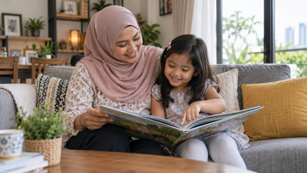 Ibu bapa dan anak menikmati masa membaca bersama.