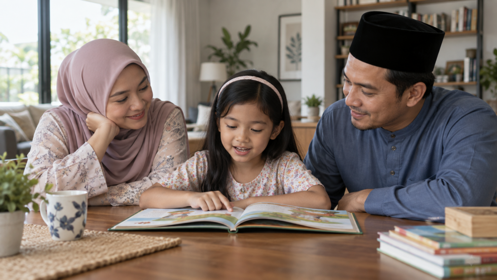 Ibu bapa dan anak berkongsi masa membaca dengan tenang.