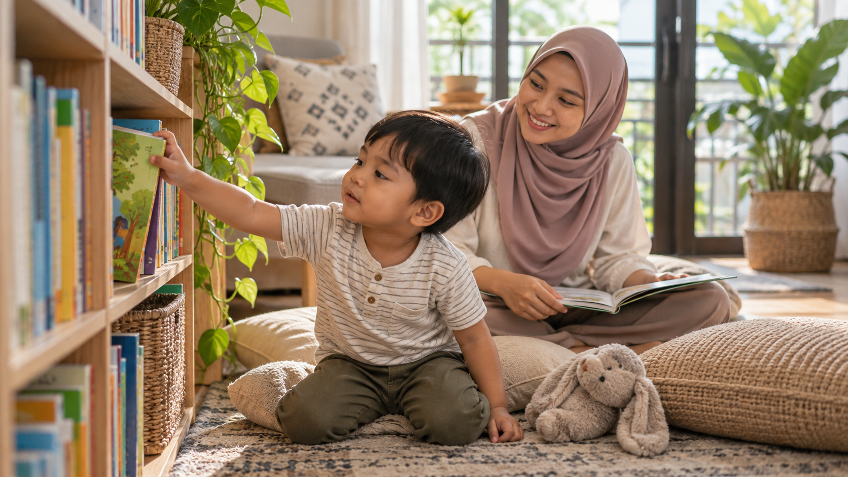 Anak mengambil buku untuk memulakan rutin membaca di rumah.