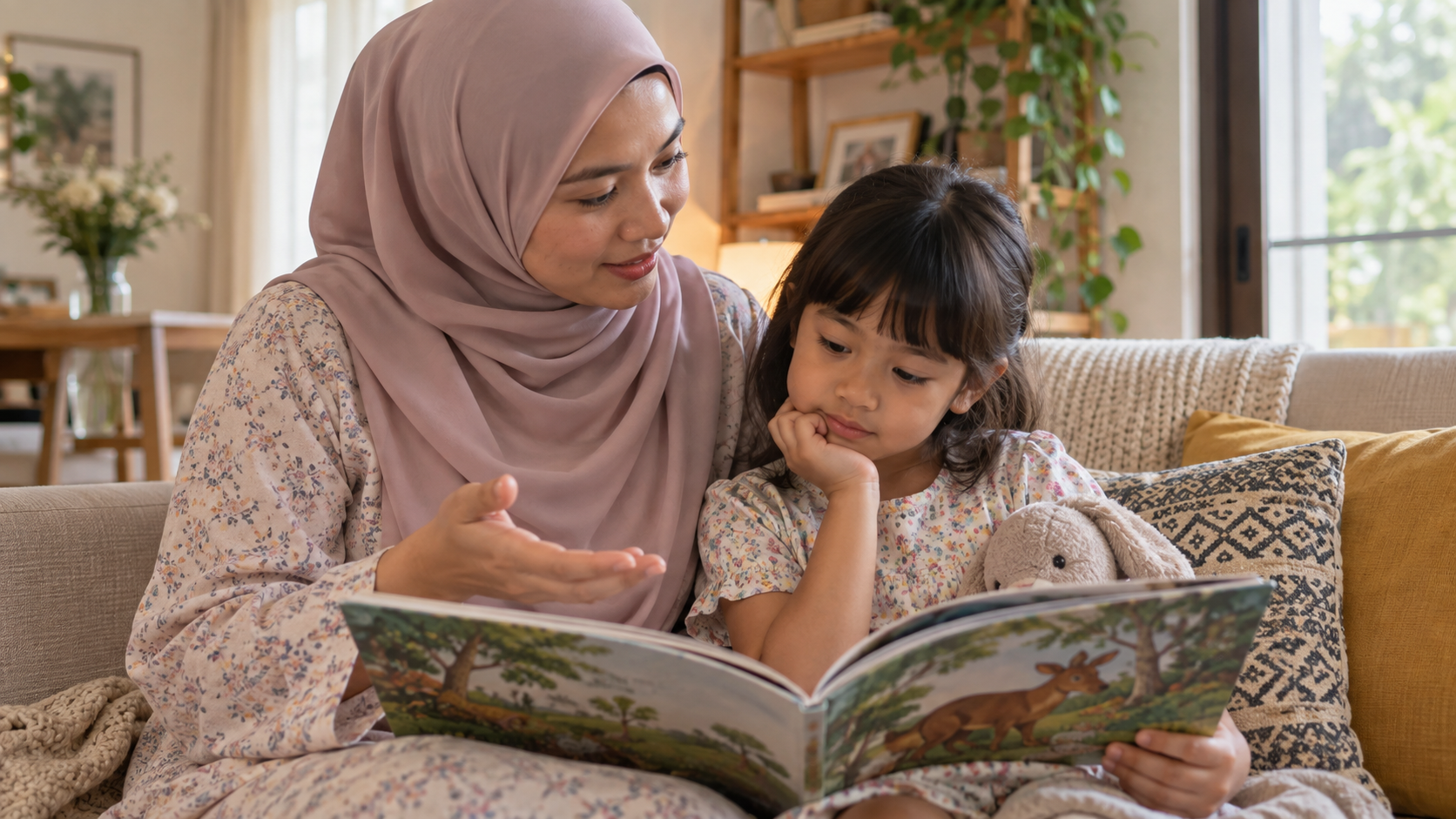 Ibu berbual dengan anak selepas membaca buku cerita.