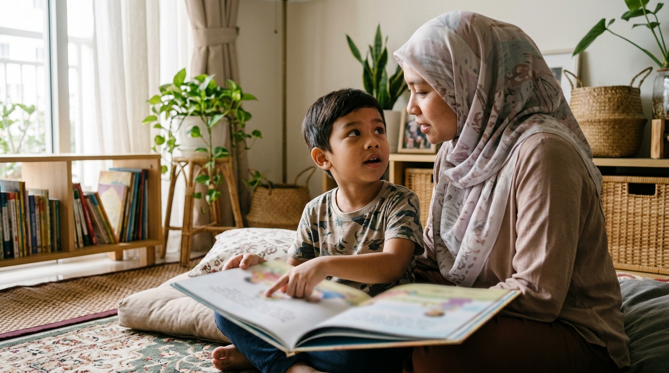 Anak Melayu bertanya maksud perkataan ketika membaca bersama ibu bapa.
