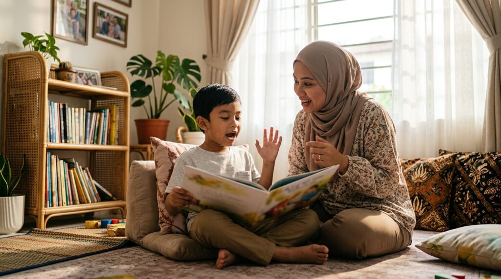 Anak Melayu membaca dengan intonasi dan ekspresi yang sesuai.