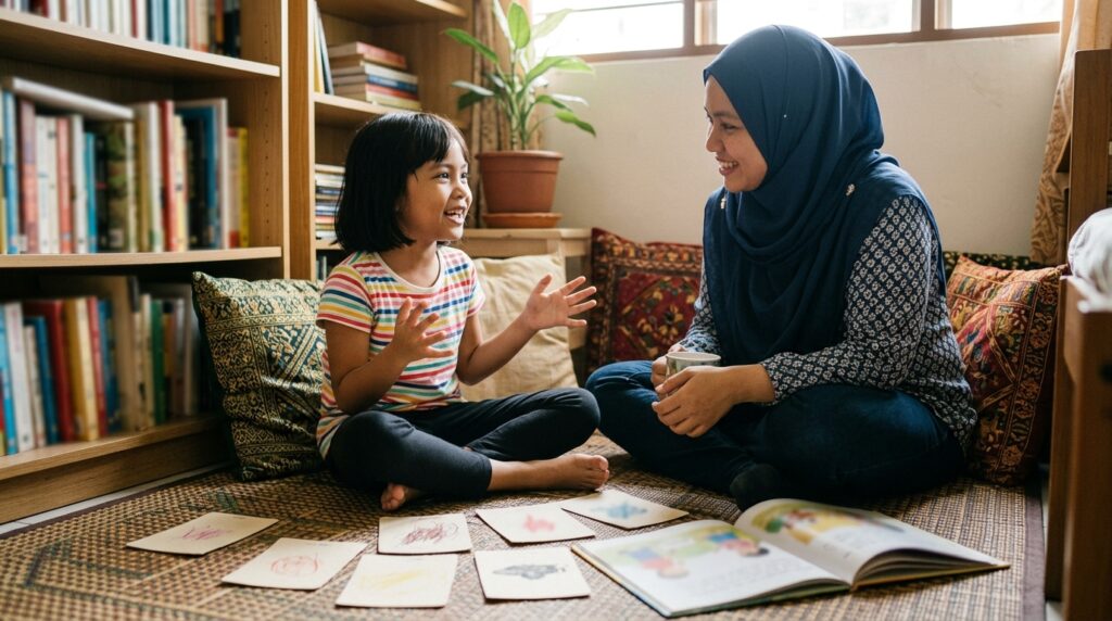 Anak Melayu menceritakan semula isi buku untuk menunjukkan kefahaman membaca.