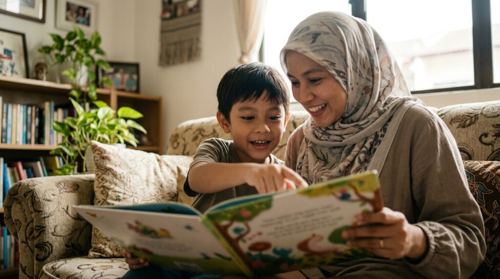 Anak Melayu meneka apa yang akan berlaku seterusnya ketika membaca cerita bersama ibu bapa.