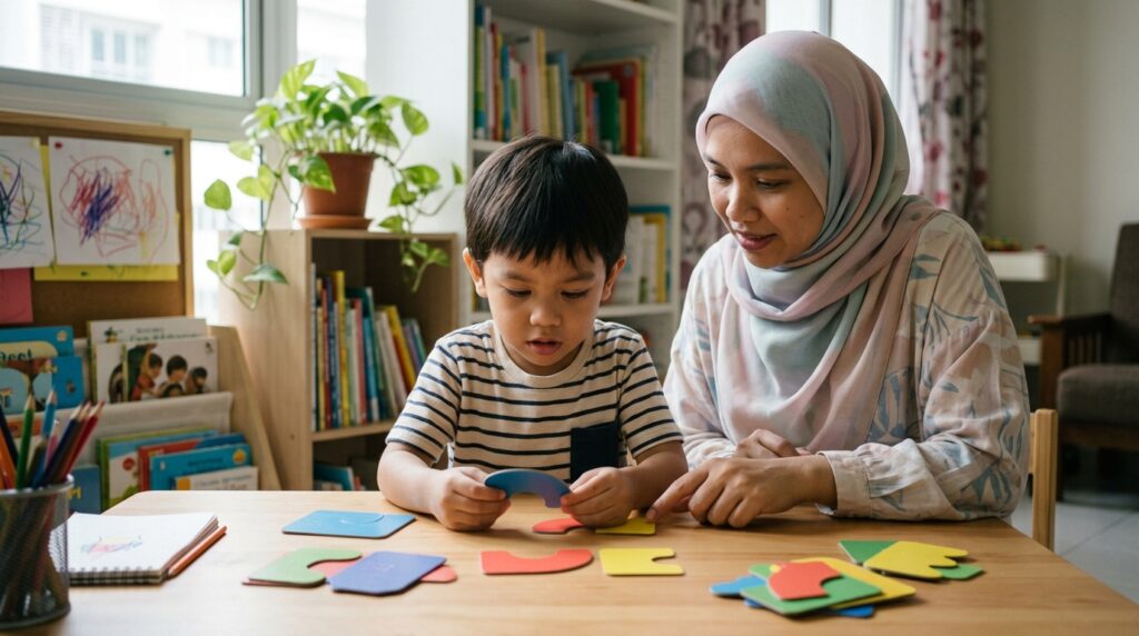 Anak Melayu belajar mengenal dan membezakan bentuk huruf dengan bantuan ibu bapa.